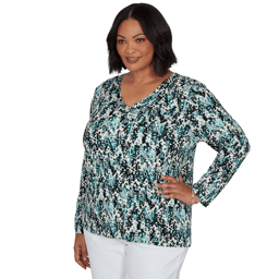 Plus Size Emaline Key Items Long Sleeve V-Neck Abstract Blouse