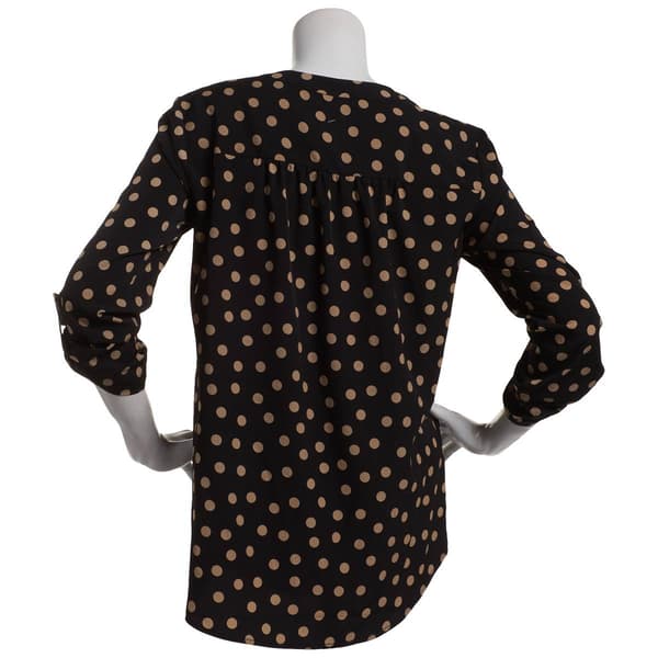 Womens Anne Klein Long Sleeve Neck Pleat Front Dot Tunic Blouse