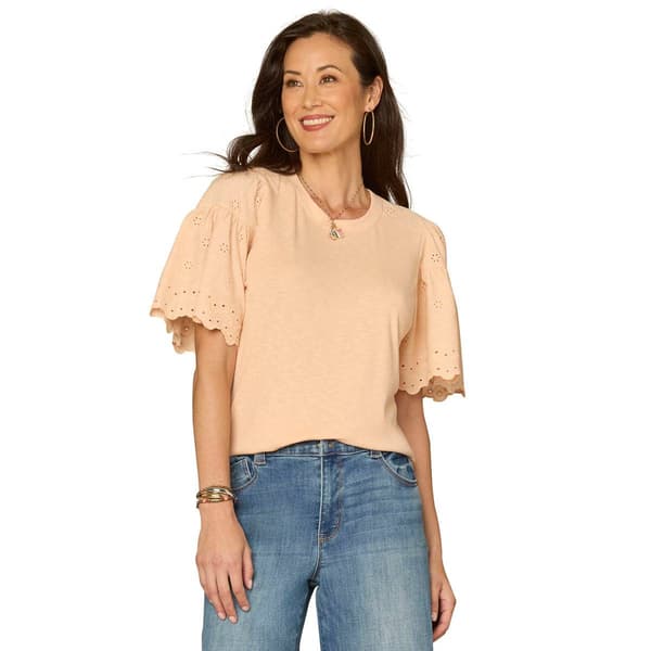 Womens Democracy Puff Elbow Sleeve Shirt Tail Hem Mix Media Knit - image 
