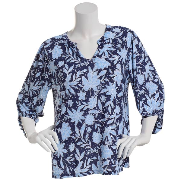Plus Size Emily Daniels 3/4 Sleeve Split Neck Floral Blouse