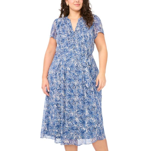 Plus Size MSK Short Sleeve Chiffon Pintuck Midi Dress