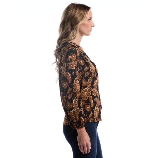 Womens Rafaella® Long Puff Sleeve V-Neck Paisley Blouse