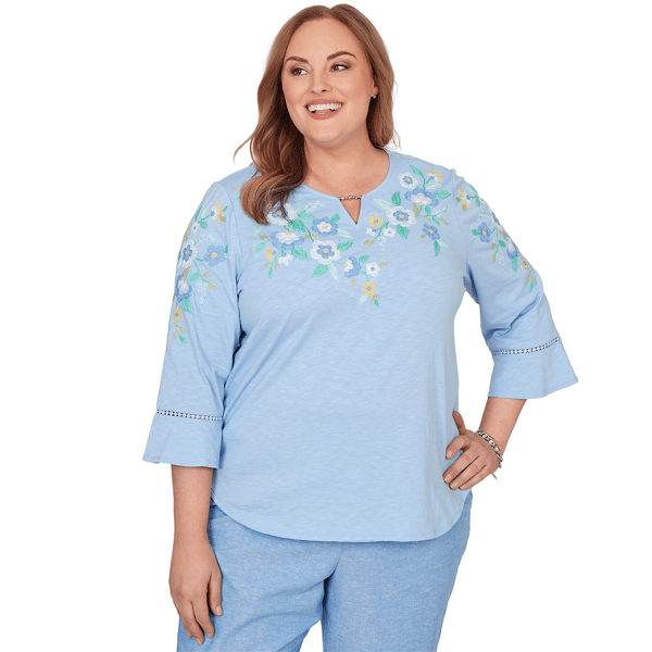 Plus Size Alfred Dunner Caribbean Blues Floral Embroidery Blouse - image 