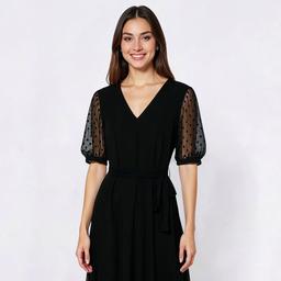 Womens MSK Short Semi Sheer Dot Sleeve V Neck A-Line Dress