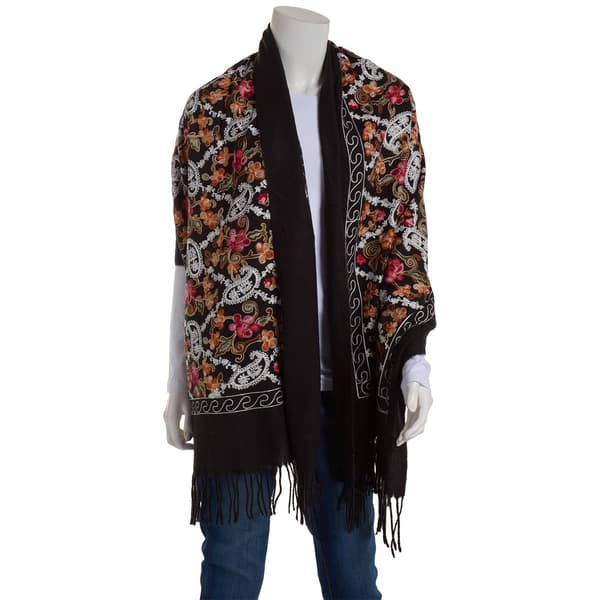 Womens Jessica McClintock Floral Embroidered Shawl w/ Fringe - image 