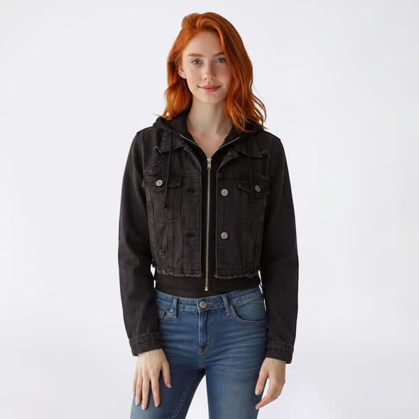 Juniors Love Tree 2Fer Denim Jacket with Fleece Hood - image 