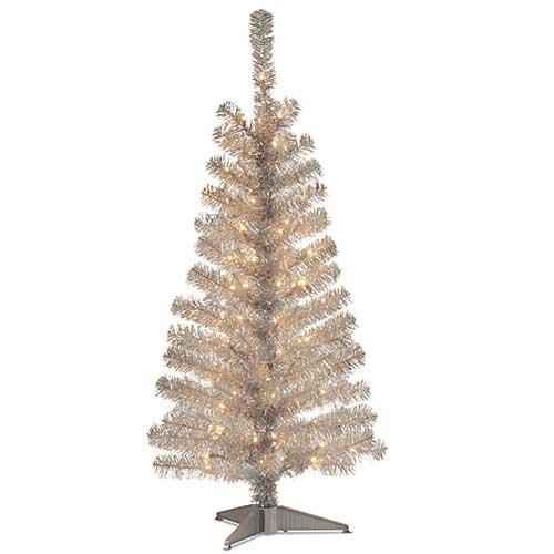 National Tree 4ft. Silver Tinsel Tree with Clear Lights - image 