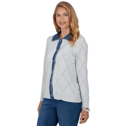 Womens Alfred Dunner Ann Arbor Denim Trim Rhinestone Cardigan