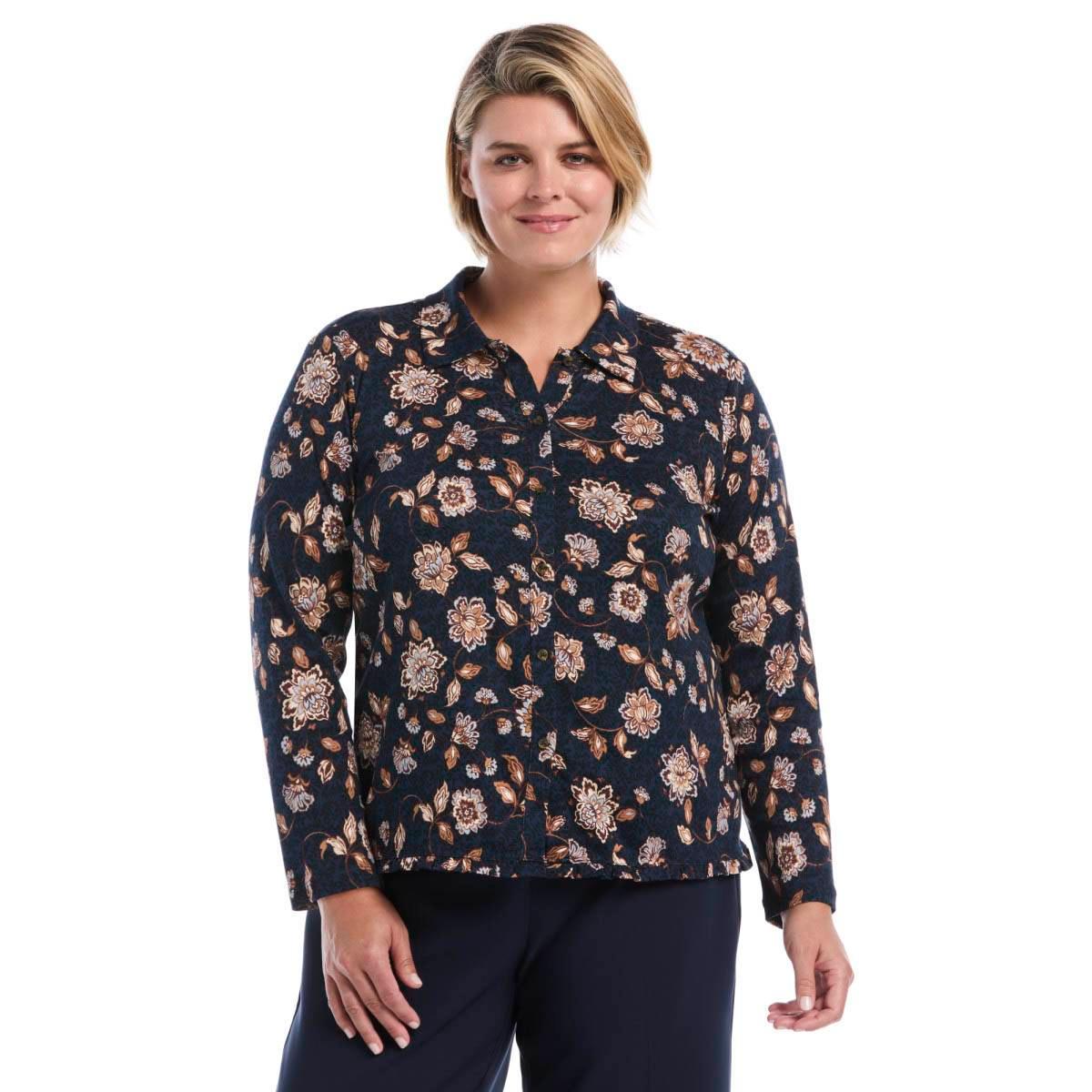 Plus Size Rafaella(R) Long Sleeve Floral Button Front Blouse