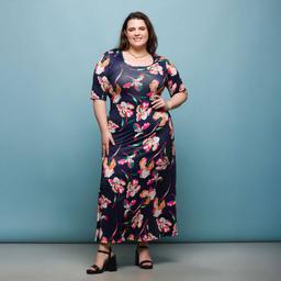 Plus Size 24/7 Comfort Apparel Navy Floral A-Line Maxi Dress