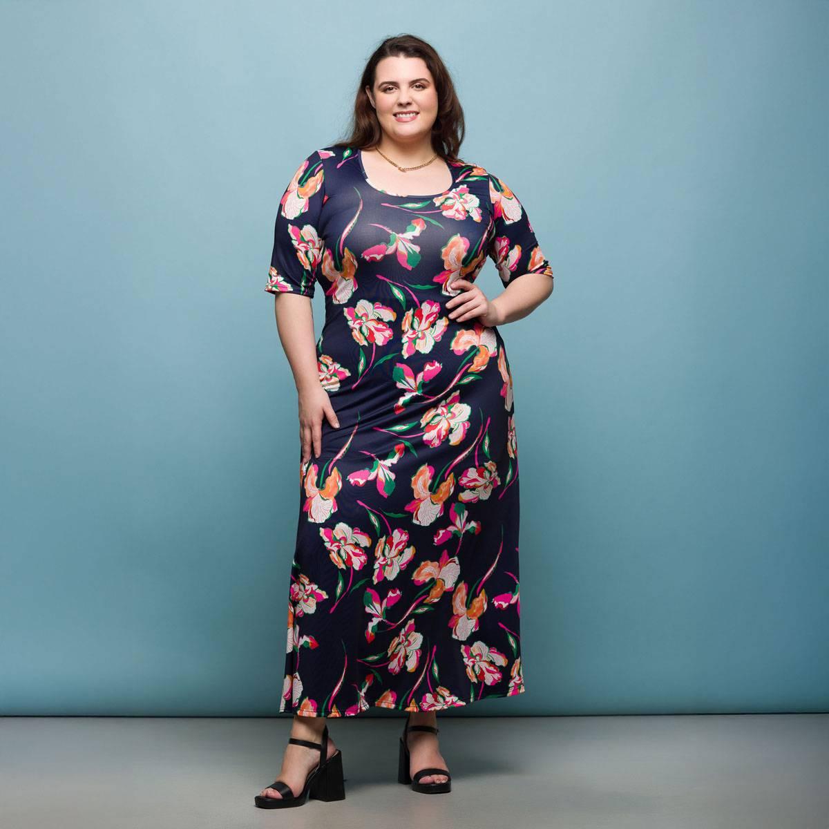 Plus Size 24/7 Comfort Apparel Navy Floral A-Line Maxi Dress