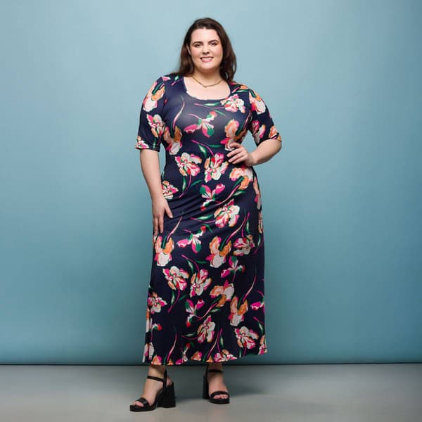 Plus Size 24/7 Comfort Apparel Navy Floral A-Line Maxi Dress