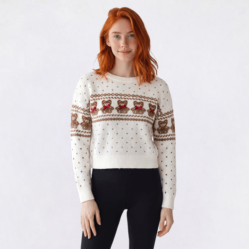 Juniors No Comment Mossy Fairisle Teddy Bear Bow Sweater-Gardenia - image 