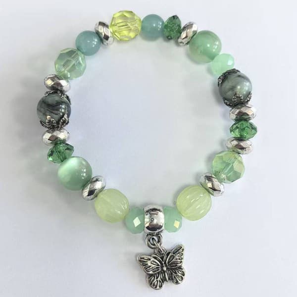 Beautiful Blessings Green Tone Stretch Bracelet & Butterfly Charm - image 