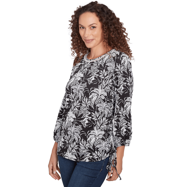 Petite Ruby Rd. Bali Bliss Monotone Palms Puff Print Side Tie Top