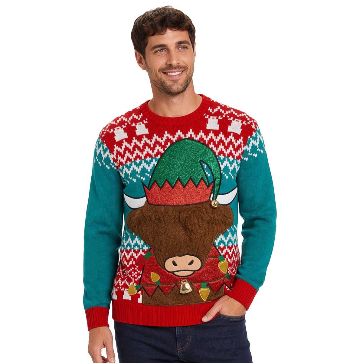 Mens Holiday Hype Highland Cow Ugly Christmas Sweater
