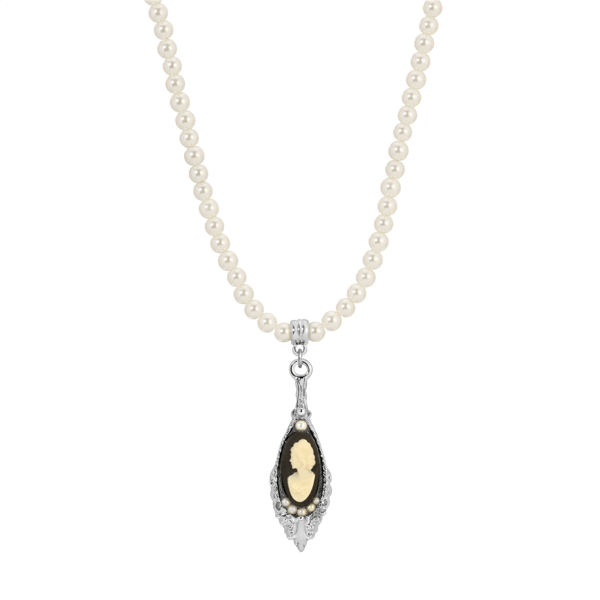 1928 Jewelry Black Cameo Faux Pearl Bead Necklace - image 