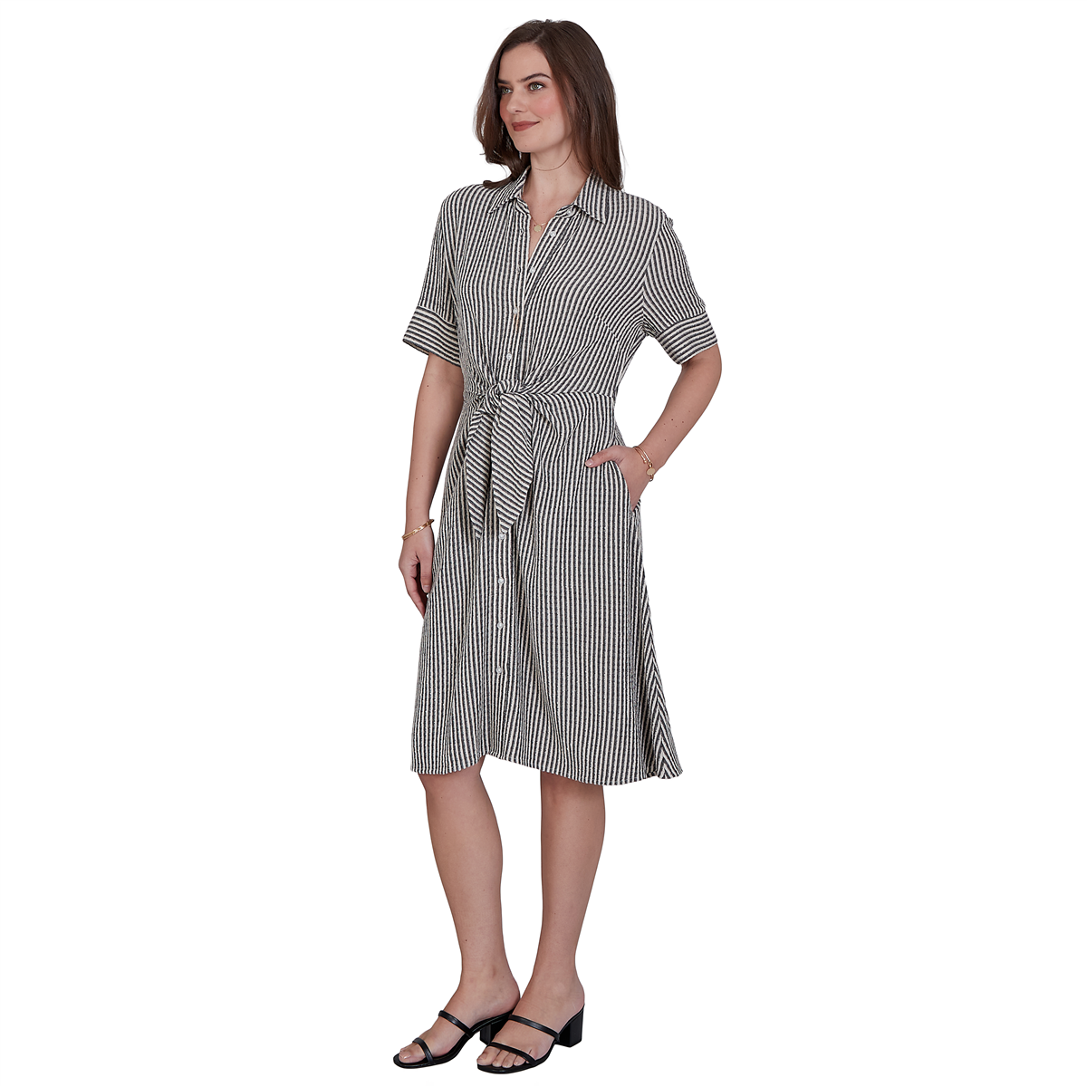 Petite Ruby Rd. Tropical Noir Stripe Knot Front Shirtdress