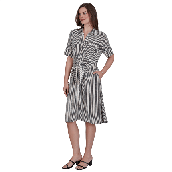 Petite Ruby Rd. Tropical Noir Stripe Knot Front Shirtdress