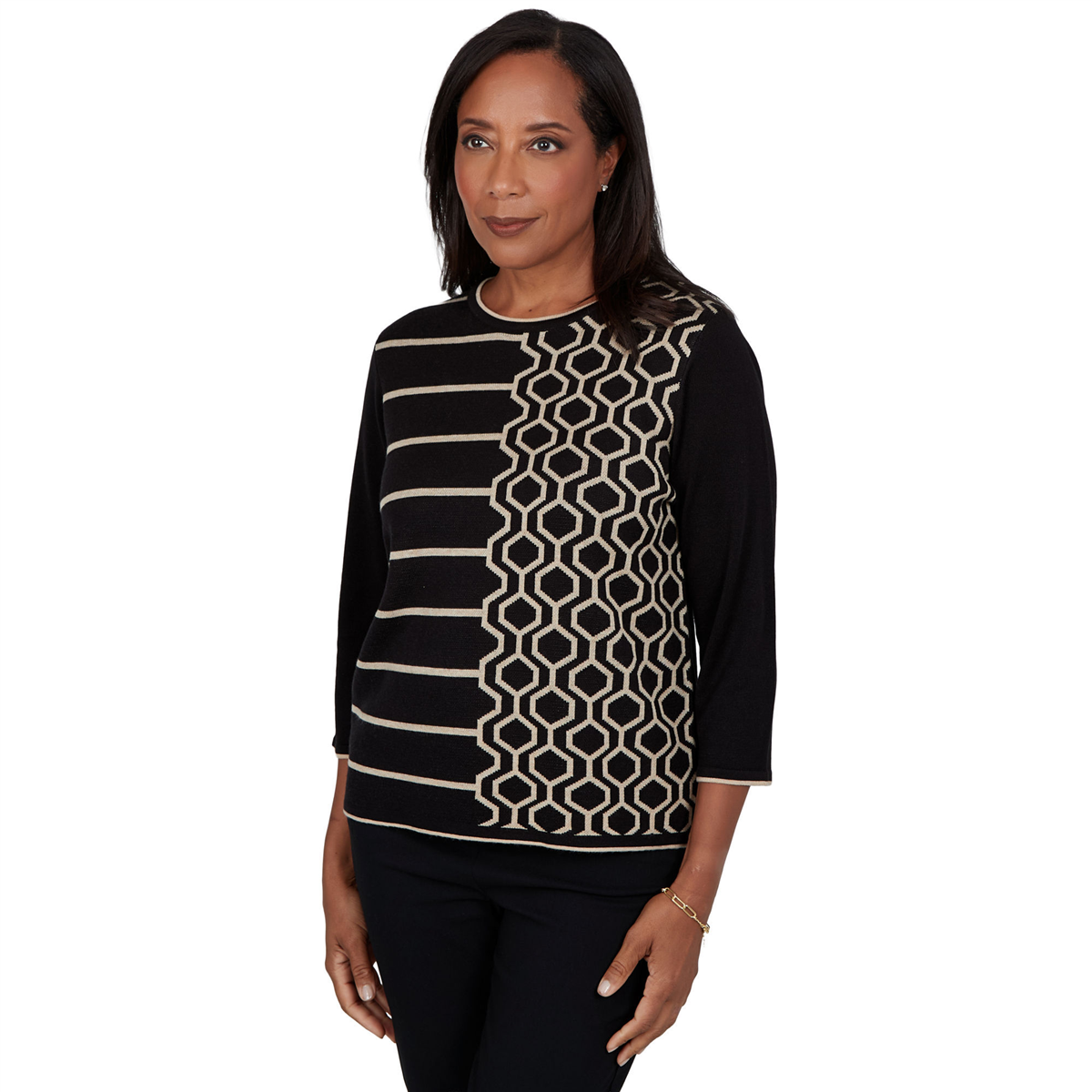 Petite Alfred Dunner Cityscape 3/4 Sleeve Geometric Sweater