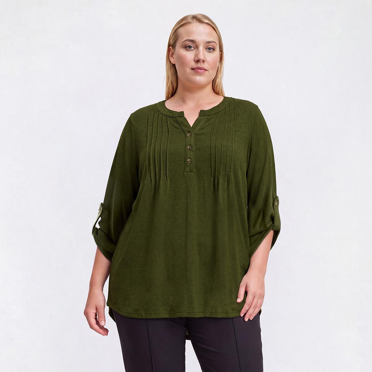 Plus Size Notations 3/4 Sleeve Solid Hacci Pintuck Blouse