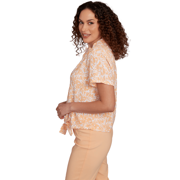 Womens Hearts of Palm Peachy Keen Floral Tie Front Blouse