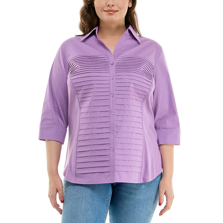 Plus Size Zac & Rachel 3/4 Sleeve Pleat Front Casual Button Down