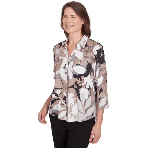 Women Alfred Dunner 3/4 Sleeve Shadow Leaf Button Front Top