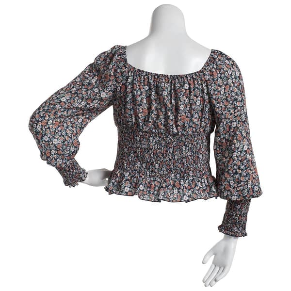 Juniors Plus No Comment Wool Square Neck Floral Peasant Top-Black