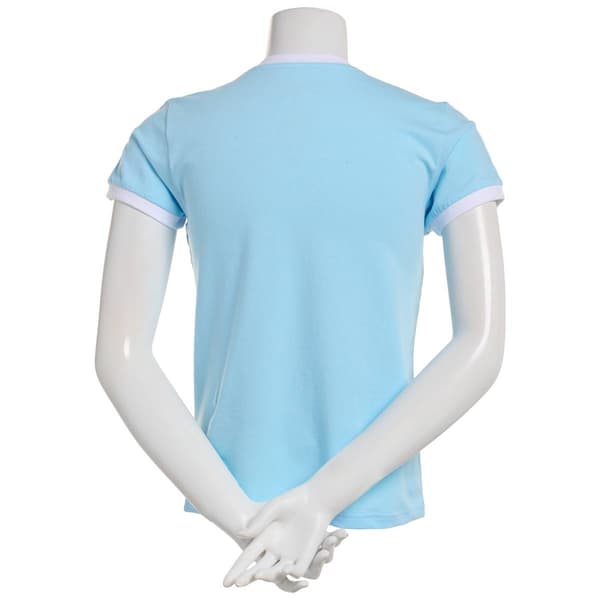 Juniors Freeze Embroidered Stitch & Angel Graphic Ringer Tee
