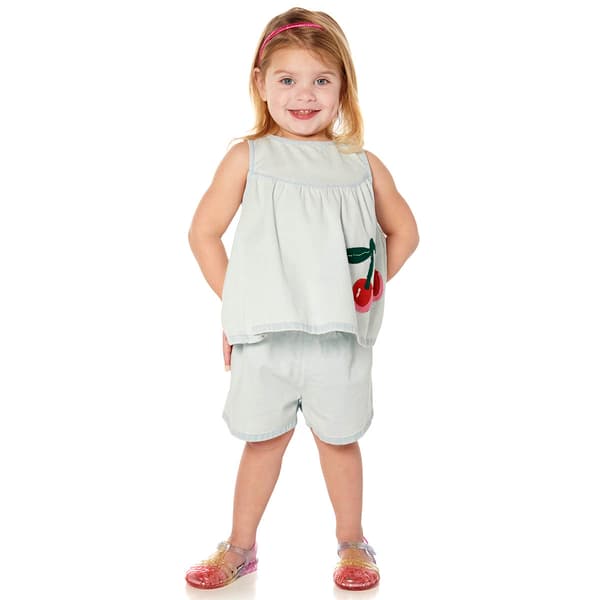 Toddler Girl Japna Kiwi Cherry Appl Denim Short Set - image 