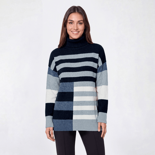 Womens Preswick & Moore(R) Stripe Tunic Turtle Neck Sweater