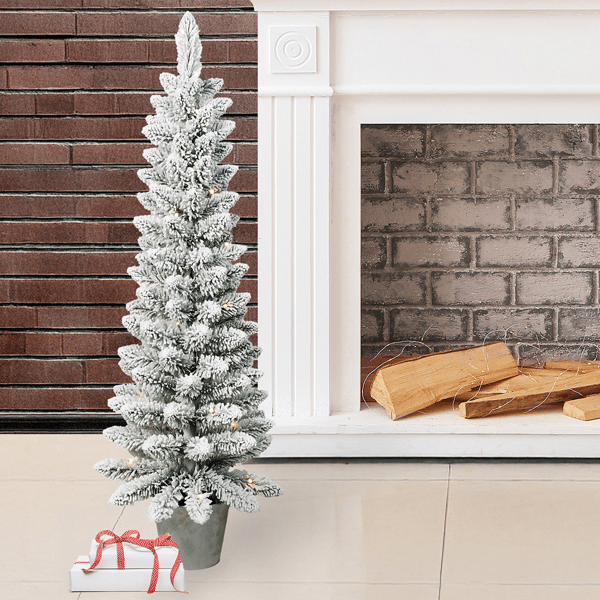 Santa''s Workshop 4ft. Pre-Lit Warm White Flocked Slim Potted Tree
