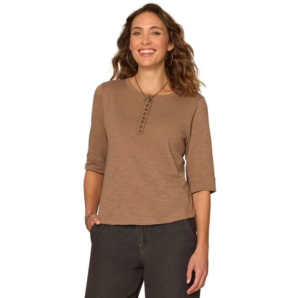 Womens Democracy Elbow Roll Cuff Sleeve 1/4 Button Blouse - image 
