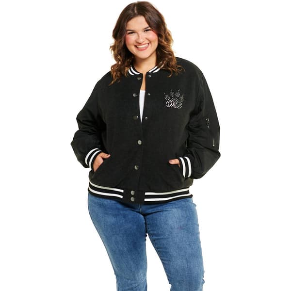 Juniors Plus Stoosh Wool Varsity Jacket with Rhinestone Paw Print
