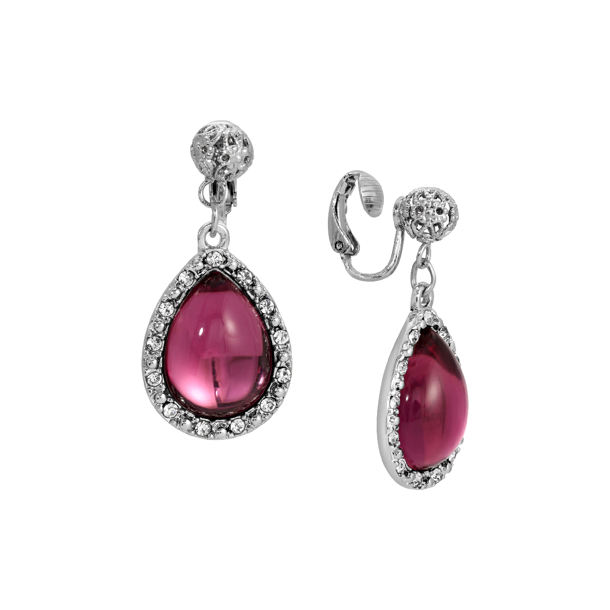 1928 Silver-Tone Purple Teardrop Clip Earrings