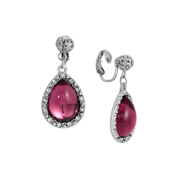 1928 Silver-Tone Purple Teardrop Clip Earrings
