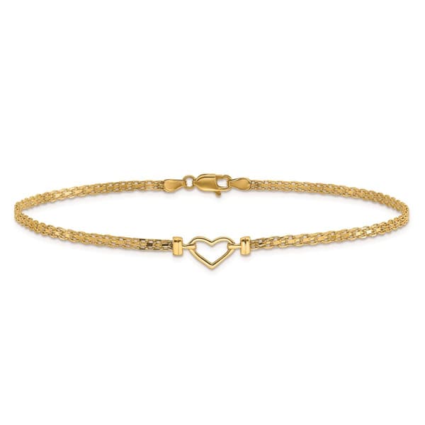 14k Gold Polished Open Heart 10in. Anklet
