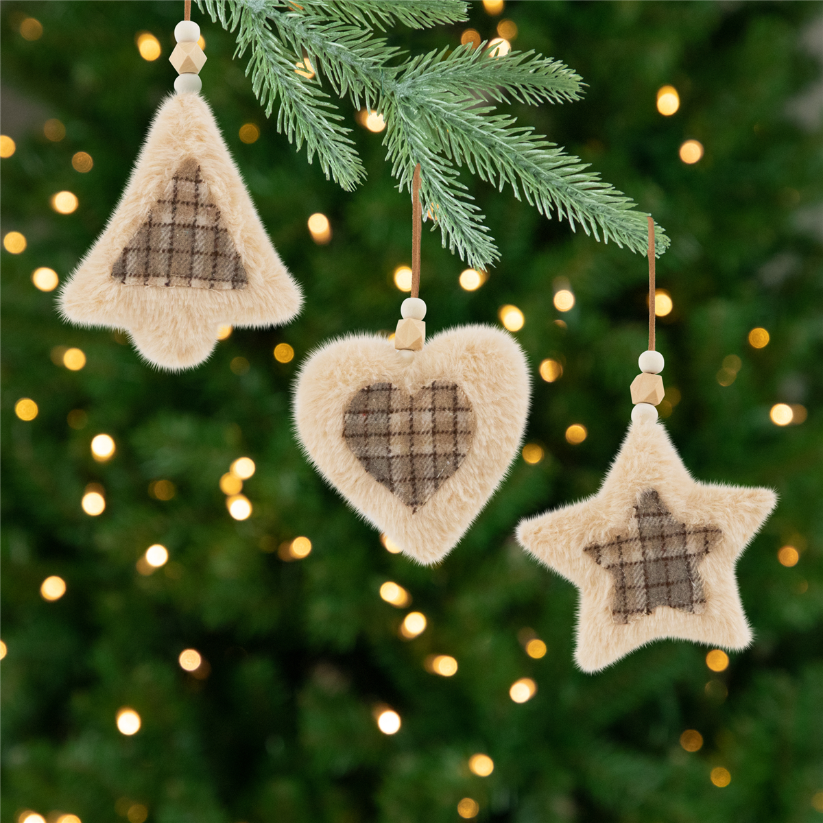Northlight 3ct. Plush Tree Star & Heart Plaid Christmas Ornaments