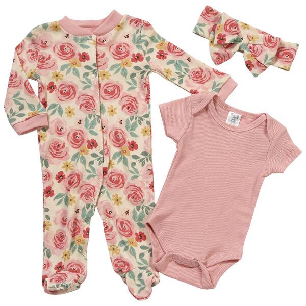 Baby Girl &#40;NB-9M&#41; Chick Pea&#40;R&#41; 3pc. Solid Top & Floral Footie Set - image 