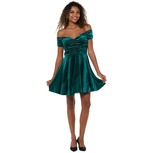 Juniors Emerald Sundae Velvet Off The Shoulder Skater Dress - image 