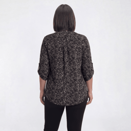 Plus Size Notations 3/4 Sleeve Abstract Pleated Henley Blouse