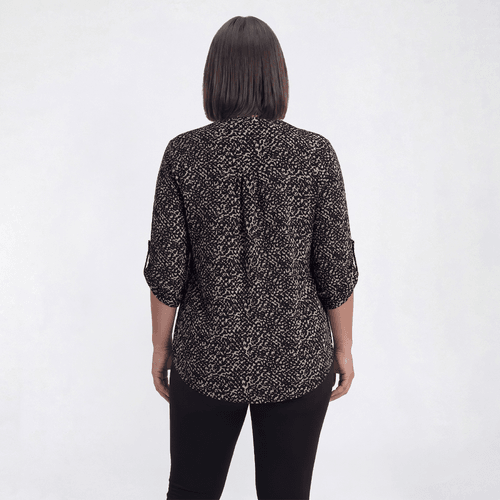 Plus Size Notations 3/4 Sleeve Abstract Pleated Henley Blouse