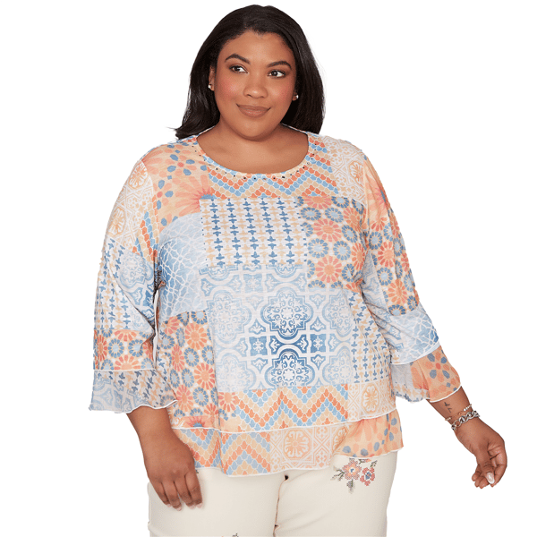 Plus Size Alfred Dunner Beachcomber Patchwork Medallion Ruffle S - image 