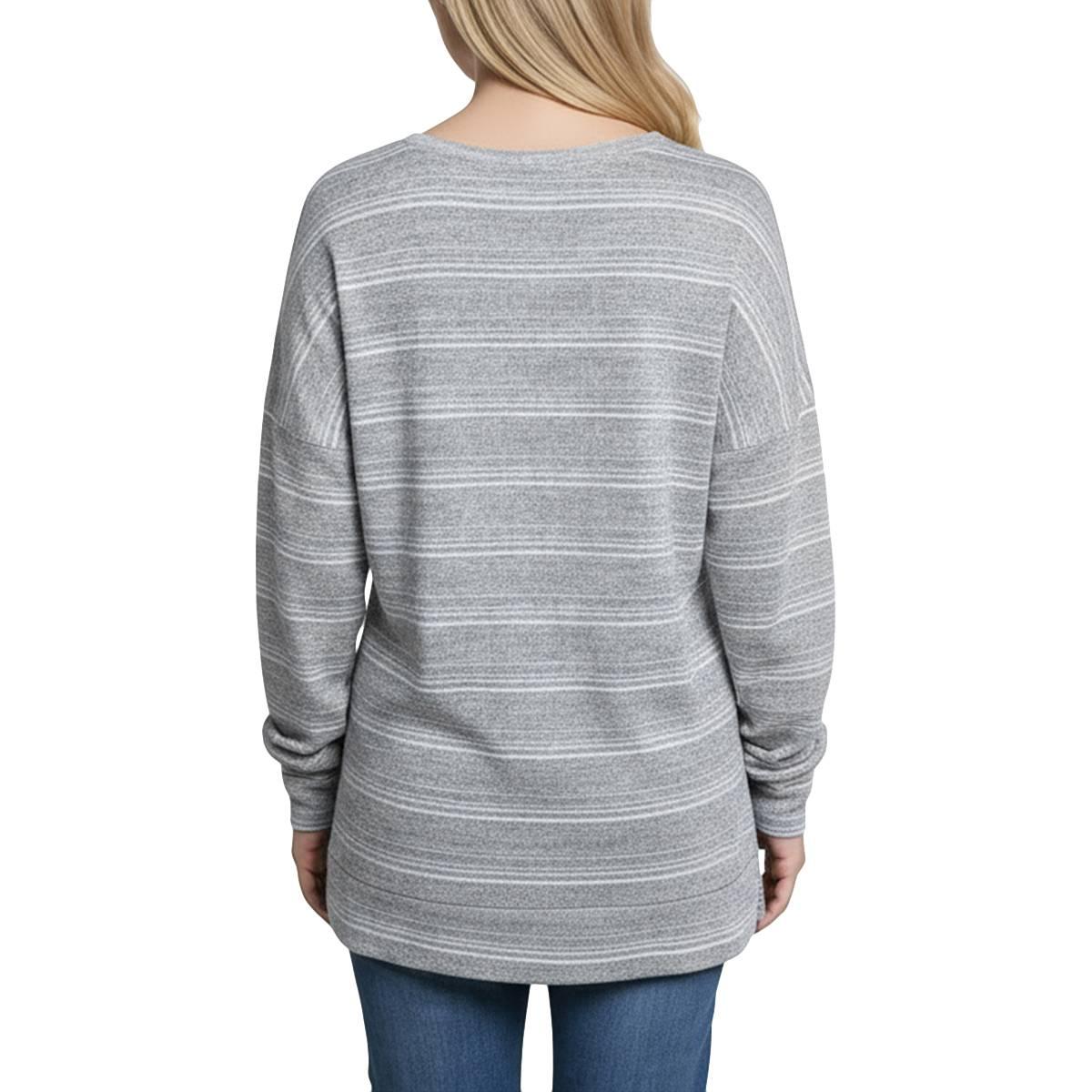 Petite NY Collection Long Sleeve Crew Neck Stripe Hacci Blouse