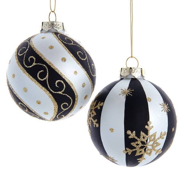 Kurt Adler 80 MM 6pc. Silver/Black/Gold Glass Balls Set