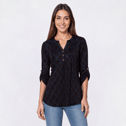 Womens Notations 3/4 Sleeve Plaid Pleat Blouse - Diamond