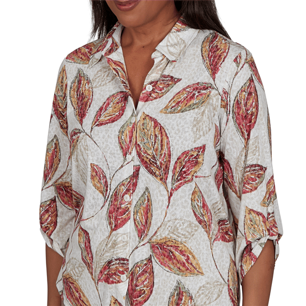 Womens Alfred Dunner Union Square Roll Tab Sleeve Leaf Blouse