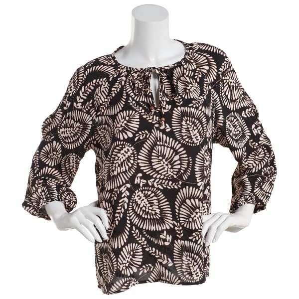 Womens Zac & Rachel 3/4 Sleeve Split Neck Leaves Blouse - image 