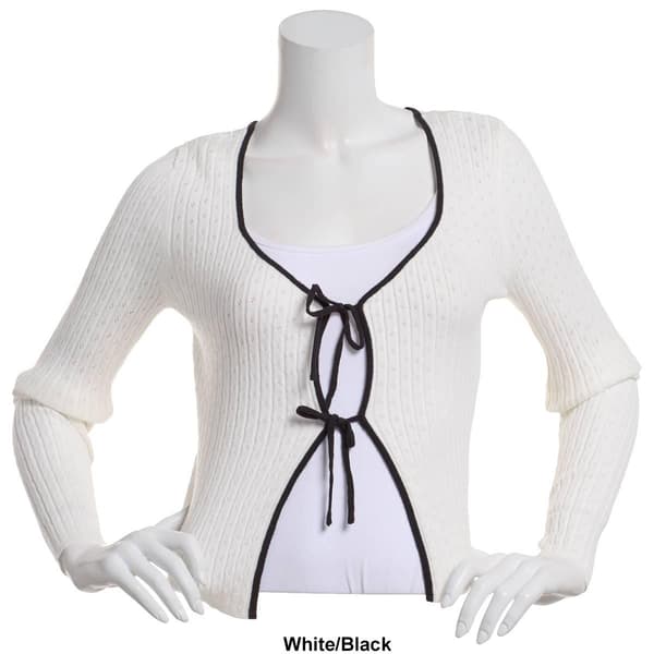 Juniors No Comment Pointelle Open Tie Front Cardigan